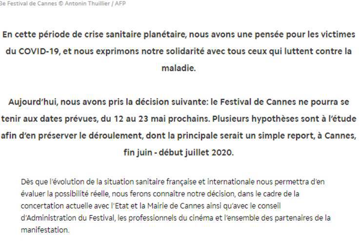 Coronavirus, Festival di Cannes annullato: il comunicato ufficiale